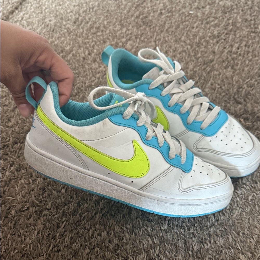 Nike White and Blue Shoes with Neon Yellow Swoosh